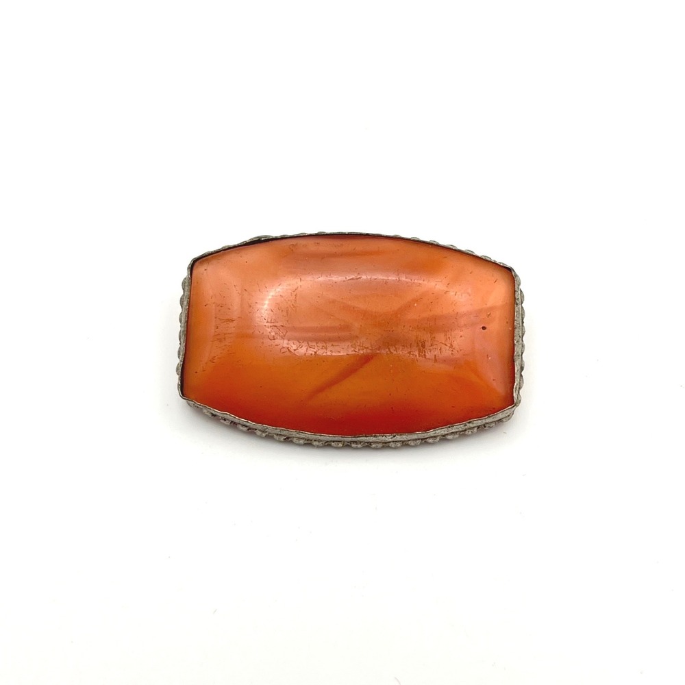 Antique‎ Carnelian Agate Brooch Silver Tone Beaded Edge Rectangle C Clasp Orange